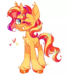 Size: 1118x1242 | Tagged: artist needed, source needed, safe, artist:occultusion, edit, editor:edits of hate, editor:unofficial edits thread, unauthorized edit, sunset shimmer, pony, unicorn, chest fluff, ear fluff, ear tufts, female, image, jpeg, looking at you, mare, one eye closed, simple background, smiling, solo, unshorn fetlocks, white background, wink