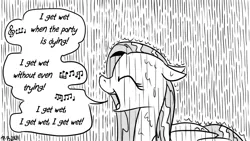 Size: 1200x675 | Tagged: safe, artist:pony-berserker, derpibooru import, fluttershy, pegasus, pony, andrew w.k., eyes closed, female, floppy ears, image, mare, monochrome, png, rain, singing, song reference, speech bubble, wet, wet mane