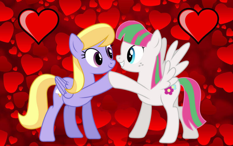 Size: 1280x800 | Tagged: safe, artist:3d4d, artist:thatusualguy06, derpibooru import, blossomforth, cloud kicker, pegasus, pony, cloudforth, female, heart, heart background, image, jpeg, lesbian, looking at each other, mare, shipping, spread wings, wings