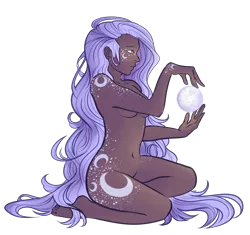 Size: 2500x2349 | Tagged: suggestive, artist:sychia, derpibooru import, oc, oc:lunar flower, unofficial characters only, human, artistic nudity, barefoot, belly button, breasts, dark skin, feet, female, freckles, humanized, humanized oc, image, magic, markings, moon, nudity, png, simple background, solo, solo female, tasteful nudity, transparent background