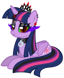 Size: 4791x5822 | Tagged: safe, artist:severity-gray, derpibooru import, twilight sparkle, twilight sparkle (alicorn), alicorn, pony, alternate hairstyle, alternate timeline, alternate universe, collar, corrupted, corrupted twilight sparkle, crown, dark magic, ear piercing, eyeshadow, horn, horn ring, image, jewelry, magic, makeup, piercing, png, regalia, ring, solo, sombra eyes