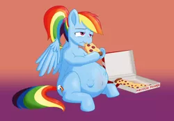 Size: 2550x1776 | Tagged: safe, artist:parturient, derpibooru import, rainbow dash, pegasus, pony, alternate hairstyle, belly, belly bumps, belly button, big belly, comfort eating, derpibooru exclusive, eating, female, food, image, kicking, mare, momma dash, pizza, png, ponytail, preggo dash, pregnant, simple background, sitting, wings