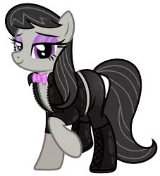 Size: 4140x4562 | Tagged: safe, alternate version, artist:severity-gray, derpibooru import, octavia melody, earth pony, pony, alternate hairstyle, bedroom eyes, boots, bow, bowtie, clothes, eyeshadow, image, jacket, leather, leather boots, leather jacket, looking at you, makeup, png, shoes, simple background, solo, tights, transparent background