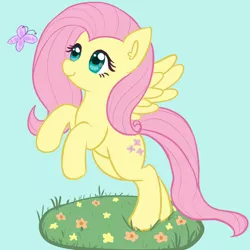 Size: 960x960 | Tagged: safe, artist:podiponi, derpibooru import, fluttershy, butterfly, insect, pegasus, pony, female, flower, grass, image, looking at something, looking up, mare, partial background, png, rearing, simple background, smiling, solo, spread wings, teal background, three quarter view, wings