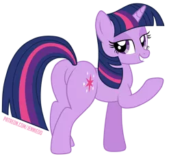 Size: 1200x1127 | Tagged: suggestive, alternate version, artist:jennieoo, derpibooru import, twilight sparkle, pony, unicorn, bedroom eyes, butt, featureless crotch, image, looking at you, png, simple background, smiling, smiling at you, solo, transparent background, vector