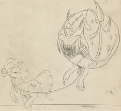 Size: 4096x3761 | Tagged: safe, artist:to_fat_to_fly, pinkie pie, earth pony, pony, cacodemon, collar, doom, eyes closed, female, frog (hoof), image, jpeg, leash, mare, mouth hold, raised hoof, sketch, underhoof