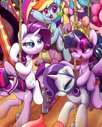 Size: 669x828 | Tagged: safe, artist:dawnfire, fluttershy, pinkie pie, princess cadance, princess celestia, princess luna, rainbow dash, rarity, spike, twilight sparkle, twilight sparkle (alicorn), alicorn, earth pony, pegasus, pony, unicorn, fanfic:the enchanted carousel, carousel, cover art, cropped, crown, fanfic art, female, image, jewelry, mare, one eye closed, png, regalia, text, wink