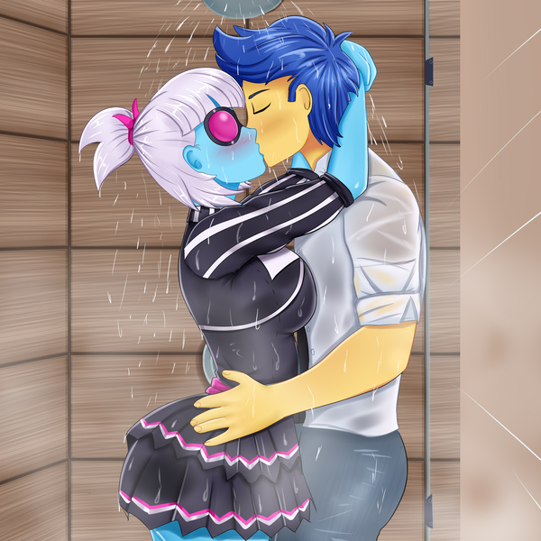 Size: 2000x2000 | Tagged: suggestive, alternate version, artist:focusb, derpibooru import, flash sentry, photo finish, equestria girls, equestria girls series, alternate hairstyle, arms around neck, bathroom, big breasts, blushing, boob squish, breasts, busty photo finish, clothes, eyes closed, female, flash sentry gets all the waifus, glasses, holding, image, intimate, jpeg, kissing, male, passionate, photoflash, rainbow rocks outfit, shipping, shower, shower head, straight, touch, waist grab, water, wet clothes