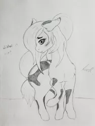 Size: 1952x2594 | Tagged: safe, artist:teardrop, derpibooru import, oc, oc:tetra, unofficial characters only, earth pony, pony, adorasexy, blushing, butt, cute, dialogue, female, floppy ears, hair tie, image, jpeg, large butt, long mane, long tail, looking at you, mare, monochrome, paint (horse breed), ponytail, sexy, shy, solo, spots, timid, traditional art, worried