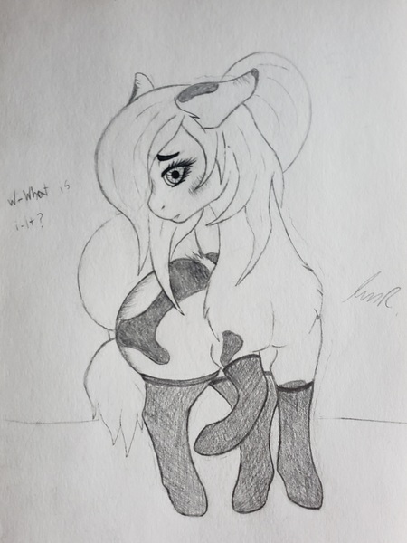 Size: 2199x2932 | Tagged: safe, alternate version, artist:teardrop, derpibooru import, edit, oc, oc:tetra, unofficial characters only, earth pony, pony, adorasexy, blushing, butt, clothes, cute, dialogue, female, floppy ears, hair tie, image, jpeg, large butt, long mane, long tail, looking at you, mare, monochrome, paint (horse breed), ponytail, sexy, shy, socks, solo, spots, thigh highs, timid, traditional art, worried