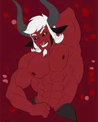 Size: 1498x1872 | Tagged: source needed, suggestive, artist:sparks220stars, derpibooru import, lord tirek, centaur, abs, bed, grin, image, looking at you, male, muscles, muscular male, nipples, nudity, pecs, png, rose petals, smiling, stupid sexy tirek, young tirek