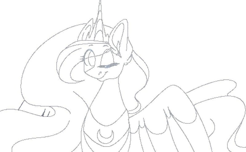 Size: 1080x667 | Tagged: safe, artist:tessa_key_, derpibooru import, princess luna, alicorn, pony, ear fluff, eyelashes, horn, image, jewelry, jpeg, lineart, monochrome, one eye closed, peytral, simple background, solo, tiara, white background, wings, wink