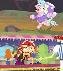 Size: 1920x2160 | Tagged: safe, derpibooru import, edit, edited screencap, screencap, cozy glow, sunset shimmer, equestria girls, equestria girls series, frenemies (episode), rollercoaster of friendship, angry, comparison, image, it's not about the parakeet, png, rage, rageset shimmer, shrunken pupils, shut the fuck up, vulgar