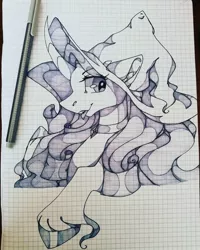 Size: 1080x1350 | Tagged: safe, artist:tessa_key_, derpibooru import, rarity, pony, unicorn, :p, bust, eyelashes, female, gorn, graph paper, hat, hoof fluff, hoof polish, image, jpeg, mare, solo, tongue out, traditional art, wizard hat