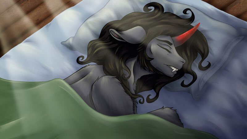 Size: 1024x576 | Tagged: safe, artist:countessmrose, derpibooru import, king sombra, pony, umbrum, bed, fangs, image, jpeg, male, pillow, sleeping, solo, stallion