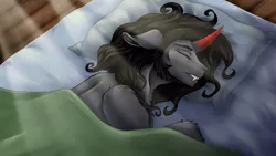 Size: 1024x576 | Tagged: safe, artist:countessmrose, derpibooru import, king sombra, pony, umbrum, bed, fangs, image, jpeg, male, pillow, sleeping, solo, stallion