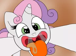 Size: 2160x1600 | Tagged: safe, artist:edwardhamham, derpibooru import, sweetie belle, pony, drool, drool string, endosoma, esophagus, female, female pred, filly, gullet, image, imminent vore, looking at you, mawshot, non-fatal vore, offscreen character, open mouth, oral invitation, png, pov, saliva puddle, salivating, slimy, sweetiepred, taste buds, tongue out, uvula, vore