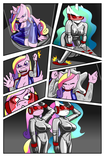 Size: 900x1350 | Tagged: questionable, artist:shennanigma, derpibooru import, princess cadance, princess celestia, anthro, unguligrade anthro, comic:secrets of the collective, attention, bodysuit, boob socks, boob window, breasts, busty princess cadance, busty princess celestia, button, captured, cleavage, clothes, comic, control panel, drone, duo, duo female, female, females only, fetish, gritted teeth, hypnosis, image, imprisoned, latex, latex suit, mind control, png, red eyes, rubber, rubber drone, rubber suit, salute, shiny, simple background, tight clothing, tube, uniform, visor