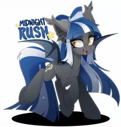 Size: 1730x1818 | Tagged: safe, artist:zombie, derpibooru import, oc, oc:midnight rush, unofficial characters only, bat pony, pony, bat pony oc, bat wings, fangs, image, jpeg, open mouth, sparkles, unshorn fetlocks, wings