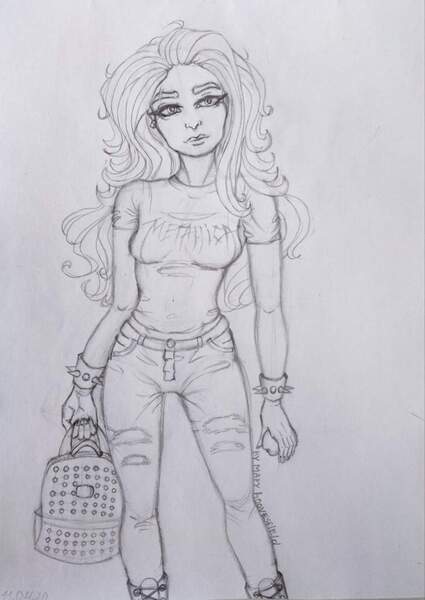 Size: 726x1024 | Tagged: safe, artist:maryhoovesfield, derpibooru import, oc, unofficial characters only, human, bag, clothes, eyelashes, female, grayscale, humanized, image, jpeg, lineart, monochrome, pants, traditional art