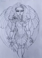 Size: 737x1024 | Tagged: safe, artist:maryhoovesfield, derpibooru import, oc, unofficial characters only, human, armor, eyelashes, female, frown, grayscale, humanized, image, jpeg, monochrome, signature, solo, sword, traditional art, weapon, winged humanization, wings