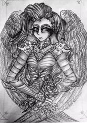 Size: 720x1024 | Tagged: safe, artist:maryhoovesfield, derpibooru import, oc, unofficial characters only, human, armor, bust, eyelashes, female, frown, grayscale, humanized, image, jpeg, monochrome, signature, solo, traditional art, winged humanization, wings