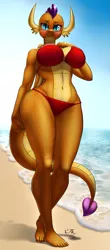 Size: 527x1200 | Tagged: suggestive, artist:pia-sama, derpibooru import, smolder, anthro, dragon, plantigrade anthro, beach, belly button, bikini, blushing, breasts, busty smolder, clothes, commission, dragoness, fangs, female, image, lizard breasts, looking at you, outdoors, png, sand, solo, solo female, swimsuit, watermark