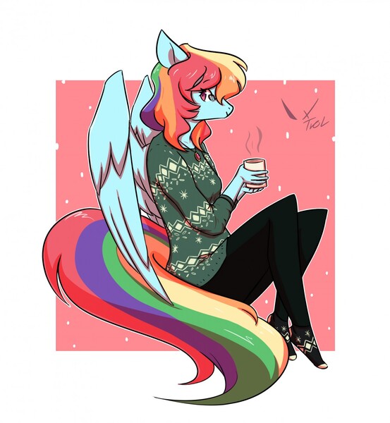 Size: 1179x1280 | Tagged: safe, artist:trololohstuffs, derpibooru import, rainbow dash, anthro, pegasus, unguligrade anthro, chocolate, clothes, digital art, female, food, glasses, hot chocolate, image, jewelry, jpeg, looking at you, necklace, pants, simple background, solo, solo female, sweater, tail, wings