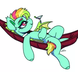 Size: 1920x1792 | Tagged: safe, artist:cherry_kotya, derpibooru import, oc, oc:kokomo, unofficial characters only, bat pony, pony, alcohol, bowtie, female, hammock, image, mare, martini, png, simple background, white background, wings
