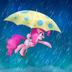 Size: 1000x1000 | Tagged: safe, artist:empyu, derpibooru import, pinkie pie, earth pony, pony, bipedal, colored pupils, female, flying, image, mare, open mouth, png, profile, rain, solo, umbrella