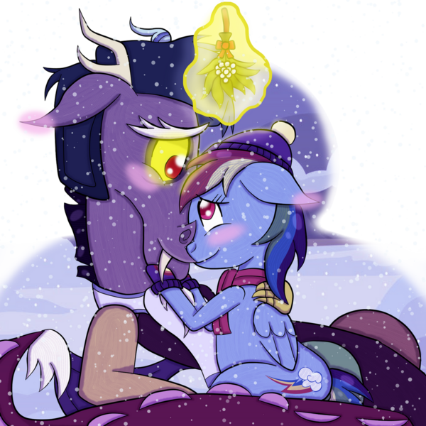 Size: 1280x1281 | Tagged: safe, artist:puresthope125, derpibooru import, discord, rainbow dash, draconequus, pegasus, pony, blushing, clothes, discodash, female, floppy ears, hat, image, looking at each other, looking into each others eyes, male, mistletoe, mittens, png, scarf, shipping, snow, snowfall, straight