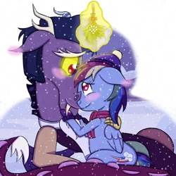 Size: 1280x1281 | Tagged: safe, artist:puresthope125, derpibooru import, discord, rainbow dash, draconequus, pegasus, pony, blushing, clothes, discodash, female, floppy ears, hat, image, looking at each other, looking into each others eyes, male, mistletoe, mittens, png, scarf, shipping, snow, snowfall, straight