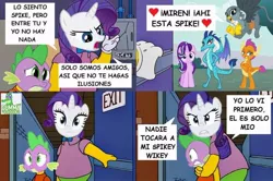Size: 720x478 | Tagged: safe, derpibooru import, gabby, princess ember, rarity, smolder, spike, starlight glimmer, comic, emberspike, female, image, jealous, jpeg, male, shipping, spabby, spanish, sparity, sparlight, spike gets all the mares, spolder, straight, the simpsons