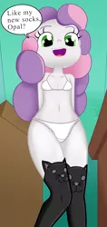Size: 768x1622 | Tagged: suggestive, artist:ohohokapi, banned from derpibooru, edit, sweetie belle, equestria girls, bra, clothes, female, image, lolicon, looking at you, looking down, panties, png, socks, solo, underage, underwear, underwear edit, white underwear, worm's eye view