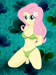 Size: 732x978 | Tagged: suggestive, artist:dirty mike, fluttershy, equestria girls, barefoot, belly button, blushing, bra, breasts, clothes, erect nipples, feet, female, green underwear, image, panties, png, show accurate, show accurate porn, smiling, solo, solo female, underwear