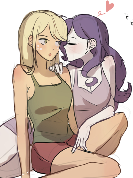 Size: 1920x2556 | Tagged: safe, artist:tcn1205, derpibooru import, edit, applejack, rarity, equestria girls, breasts, cleavage, clothes, cropped, duo, duo female, eyes closed, female, image, jpeg, lesbian, open mouth, rarijack, shipping, tanktop