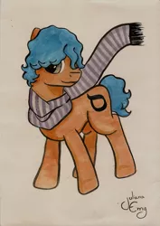 Size: 1651x2338 | Tagged: safe, artist:juliana emy, derpibooru import, oc, oc:samekh, unofficial characters only, earth pony, pony, clothes, hair over one eye, image, jpeg, male, scarf, solo, stallion, traditional art