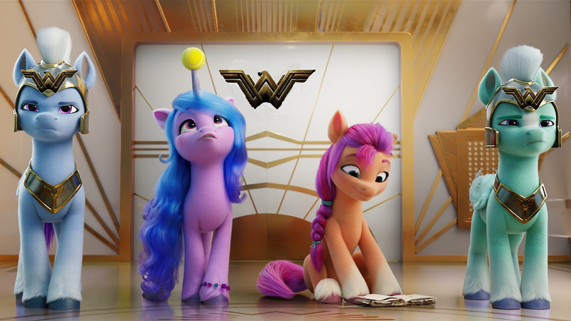 Size: 960x540 | Tagged: safe, derpibooru import, edit, edited screencap, screencap, izzy moonbow, sunny starscout, earth pony, pegasus, pony, unicorn, ball, book, cgi, dc comics, g5, guard, hornball, image, png, reading, tennis ball, thunder (g5), wonder woman, zoom zephyrwing