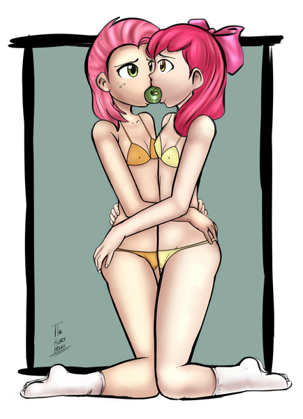 Size: 1446x2000 | Tagged: suggestive, artist:dakuroihoshi, banned from derpibooru, apple bloom, babs seed, human, apple, applecest, apple in mouth, appleseed, bra, breasts, butt touch, clothes, delicious flat chest, female, food, freckles, hand on butt, humanized, image, incest, lesbian, lolicon, looking at each other, nipples, nudity, panties, png, shipping, socks, underage, underwear