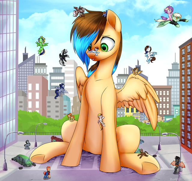 Size: 4033x3785 | Tagged: safe, artist:megabait, derpibooru import, oc, changeling, earth pony, pegasus, pony, unicorn, bigpony, building, car, city, citypony, dangerous, destroy, image, macro, park, parking, png, sitting