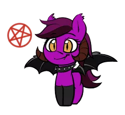 Size: 1200x1100 | Tagged: safe, artist:lyrabop, artist:shepardinthesky, derpibooru import, oc, oc:gorebrie, bat pony, demon, demon pony, original species, bat pony oc, bat wings, choker, clothes, collar, cute, eeee, horns, image, magic, pentagram, png, ram horns, simple background, socks, solo, spiked choker, spiked collar, spread wings, transparent background, very original character, white background, wings