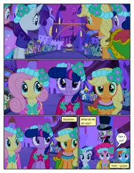 Size: 612x792 | Tagged: safe, artist:newbiespud, derpibooru import, edit, edited screencap, screencap, applejack, fluttershy, pinkie pie, rainbow dash, rarity, spike, twilight sparkle, dragon, pony, unicorn, comic:friendship is dragons, a canterlot wedding, background pony audience, bowtie, chariot, clothes, comic, dialogue, dress, eyelashes, female, floral head wreath, flower, frown, grin, hat, horn, image, male, mane seven, mane six, mare, night, outdoors, png, screencap comic, smiling, stars, suit, top hat, unicorn twilight