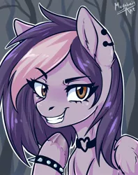 Size: 1712x2160 | Tagged: safe, artist:megabait, derpibooru import, oc, pegasus, pony, bust, collar, female, image, jpeg, my little pony, mylittlepony, piercing, portrait, simple background, solo, spiked bracers