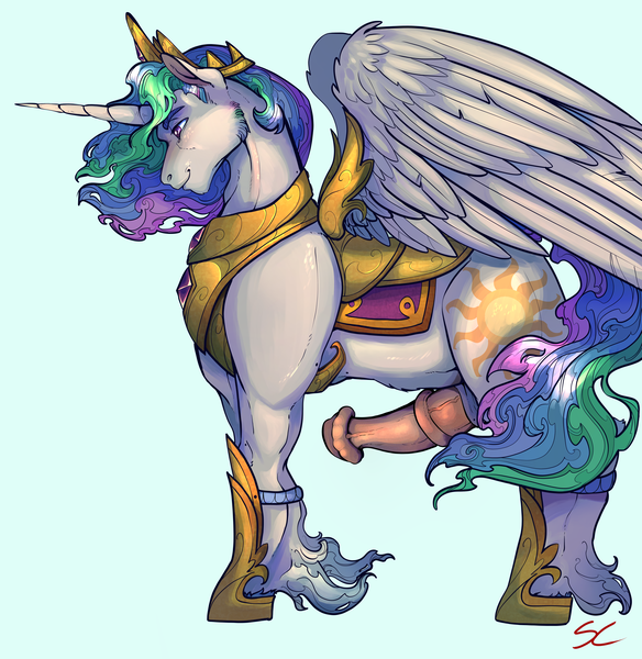 Size: 6895x7078 | Tagged: explicit, artist:sourcherry, derpibooru import, princess celestia, alicorn, pony, absurd resolution, armor, blue background, colored pupils, erection, facial hair, flared, hoof shoes, horn, horsecock, image, looking down, male, medial ring, nudity, penis, pink horsecock, png, prince solaris, rule 63, sheath, side view, signature, simple background, smiling, solo, solo male, spread wings, stallion, standing, unshorn fetlocks, vein, vein bulge, veiny cock, wings