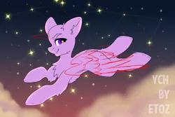 Size: 3000x2000 | Tagged: safe, artist:etoz, derpibooru import, pony, advertisement, auction, auction open, cloud, commission, constellation, flying, generic pony, happy, horn, image, in the sky, png, sky, smiling, starry eyes, stars, wingding eyes, wings, ych example, your character here, your character here auction