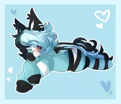 Size: 2048x1767 | Tagged: safe, artist:honkingmother, derpibooru import, bat pony, pony, bandaid, blushing, clothes, cookie, food, heart, hoodie, image, jpeg, looking at you, mouth hold, oreo, socks, solo, striped socks, thigh highs