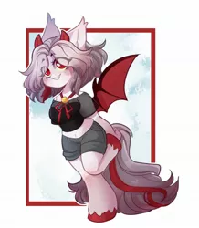 Size: 1784x2048 | Tagged: safe, artist:honkingmother, derpibooru import, oc, unofficial characters only, anthro, bat pony, demon, demon pony, original species, unguligrade anthro, bat wings, bell, blouse, clothes, grin, horns, image, jpeg, midriff, ribbon, see-through, shorts, smiling, solo, wings