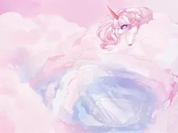 Size: 2048x1530 | Tagged: safe, artist:honkingmother, derpibooru import, oc, unofficial characters only, pony, unicorn, cloud, colored horn, curved horn, horn, image, jpeg, lying down, lying on a cloud, on a cloud, solo