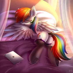 Size: 5000x5000 | Tagged: safe, alternate version, artist:atlas-66, derpibooru import, rainbow dash, pegasus, pony, adorasexy, bed, butt, clothes, cute, day, dock, dock fluff, eyes closed, female, frog (hoof), grooming, image, ipad, lying down, mare, png, prone, rainbutt dash, see-through, sexy, socks, stupid sexy rainbow dash, thigh highs, underhoof, wings