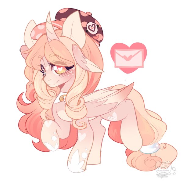 Size: 1920x1920 | Tagged: safe, artist:honkingmother, derpibooru import, oc, unofficial characters only, alicorn, pony, blushing, cap, hat, heart eyes, image, jpeg, looking at you, smiling, solo, wingding eyes